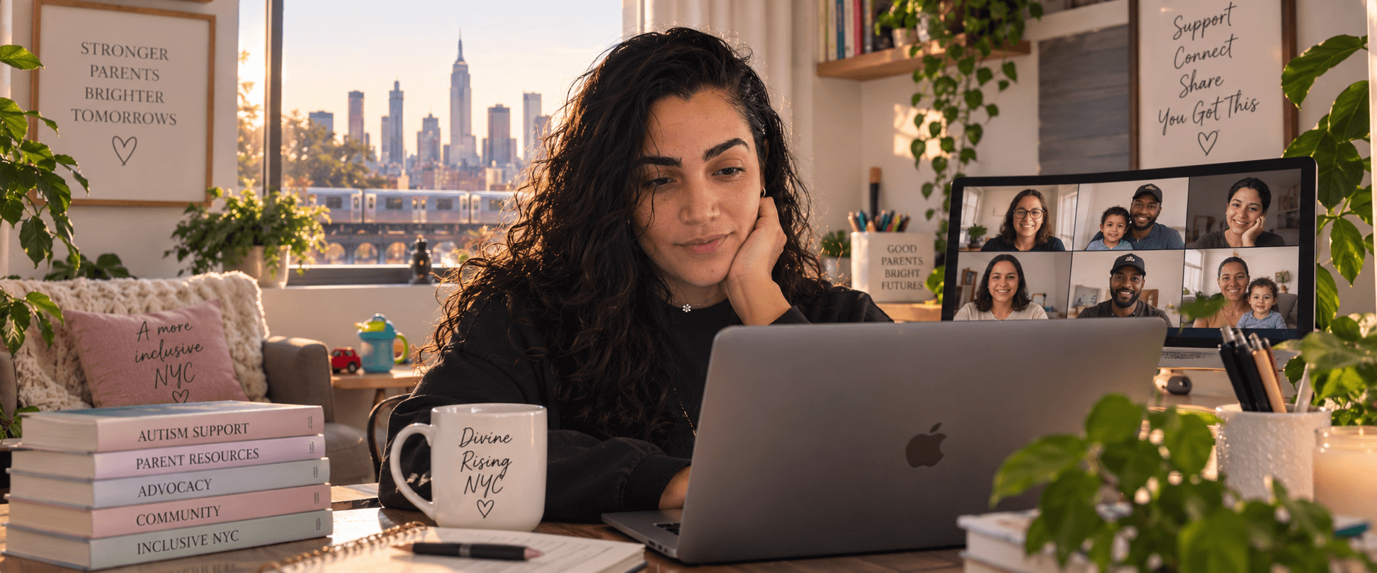 A parent connecting with other NYC families from home